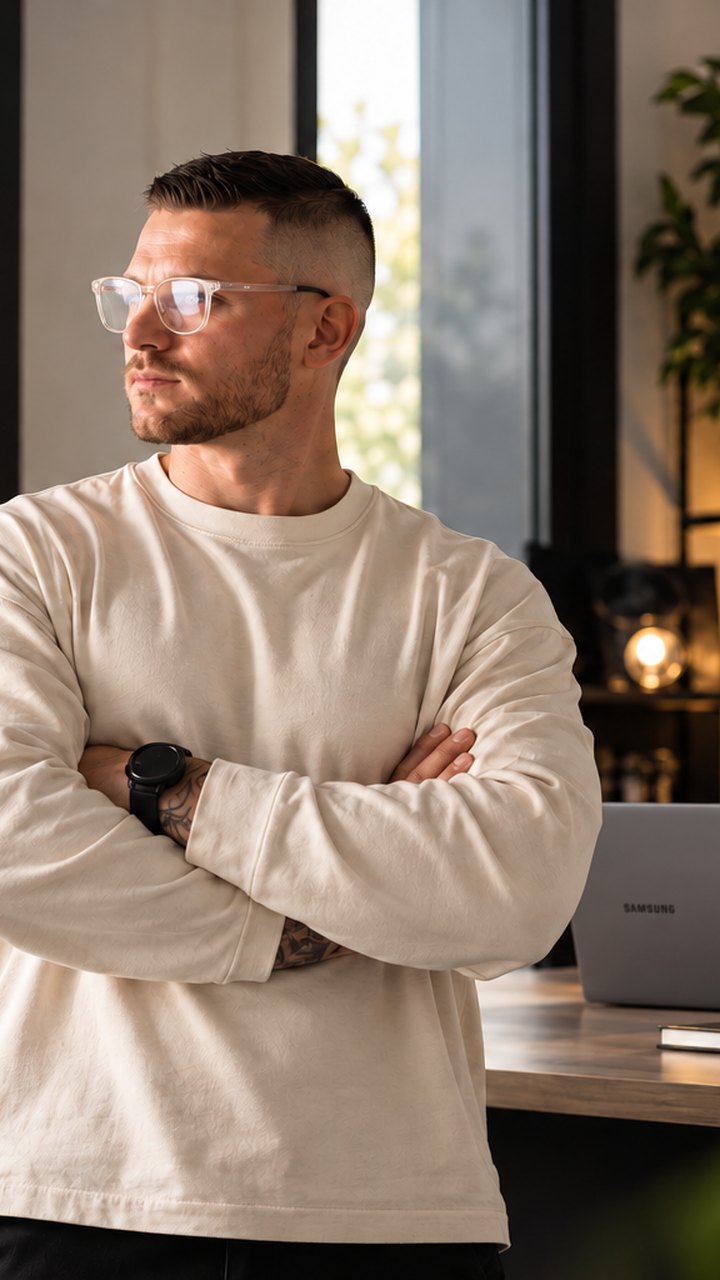 Maik Klemmer mit verschränkten Armen in seinem Studio, im Hintergrund der Schreibtisch mit Laptop