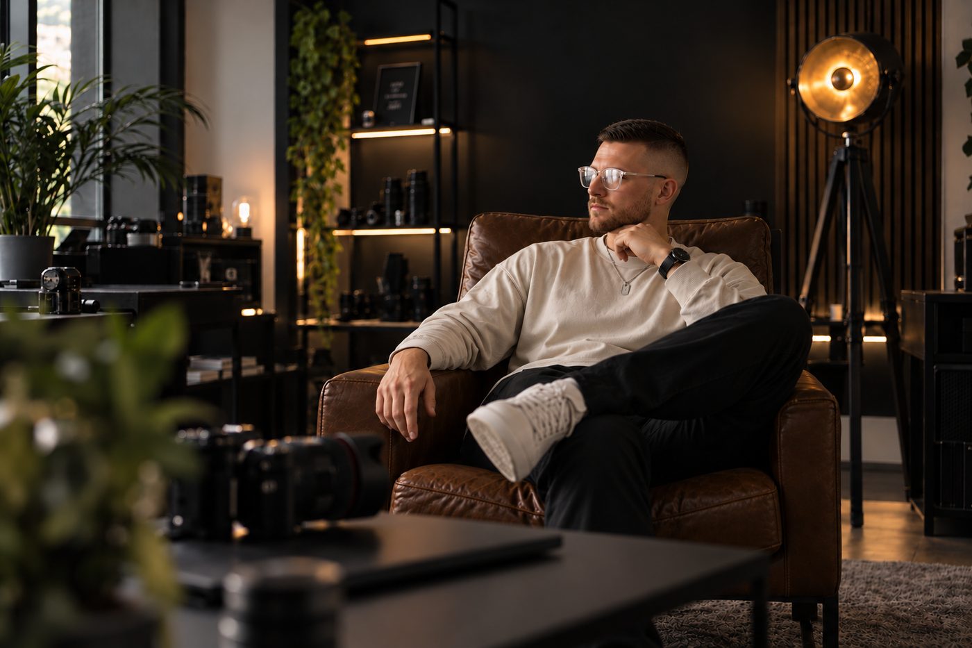 Maik Klemmer im Ledersessel seines Studios, im Hintergrund Studiolicht und Kameraregal